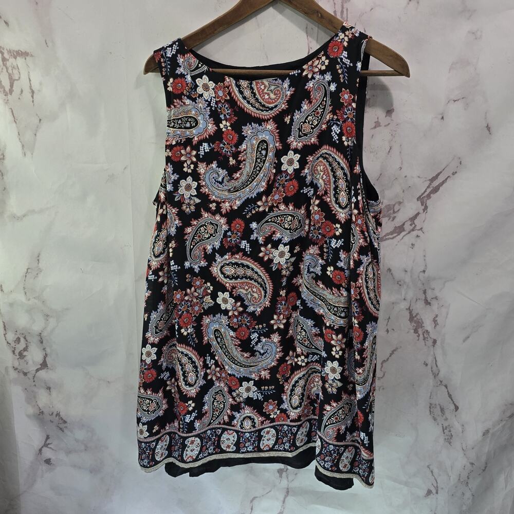 J Jill Shirt Womens Large Tank Top Red Black Blue Slit Back Layered High Neck